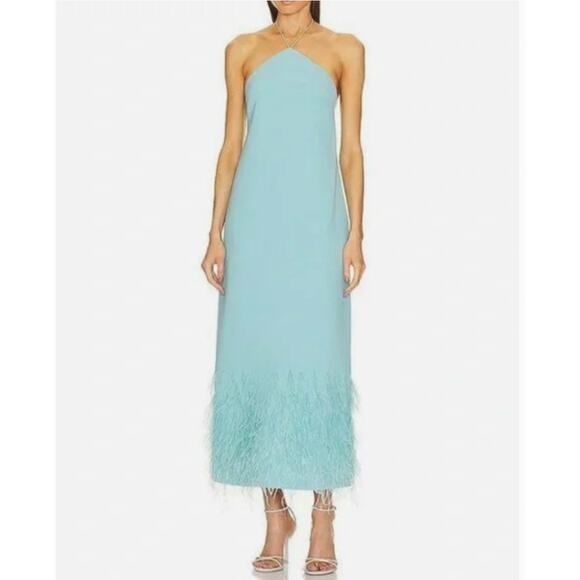 Alexis Dress XS Izzie Lagoon Feathered Blue Trim Halter Maxi Gown Evening Luxury - Picture 3 of 14